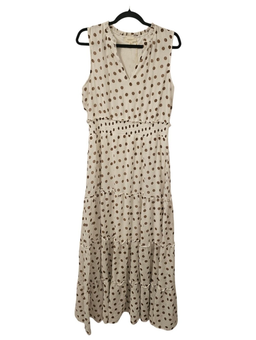 White and Brown Tamara H. Women's Sleeveless Polka Dot Smocked Tiered Maxi Dress